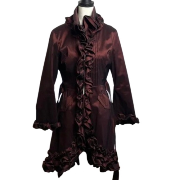 Samuel Dong classic ruffle trench coat evening wear Crimson Satin - Picture 1 of 17